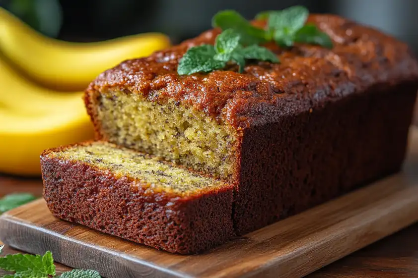 Moist homemade banana bread with a golden crust, sliced and served on a wooden board, garnished with fresh mint leaves