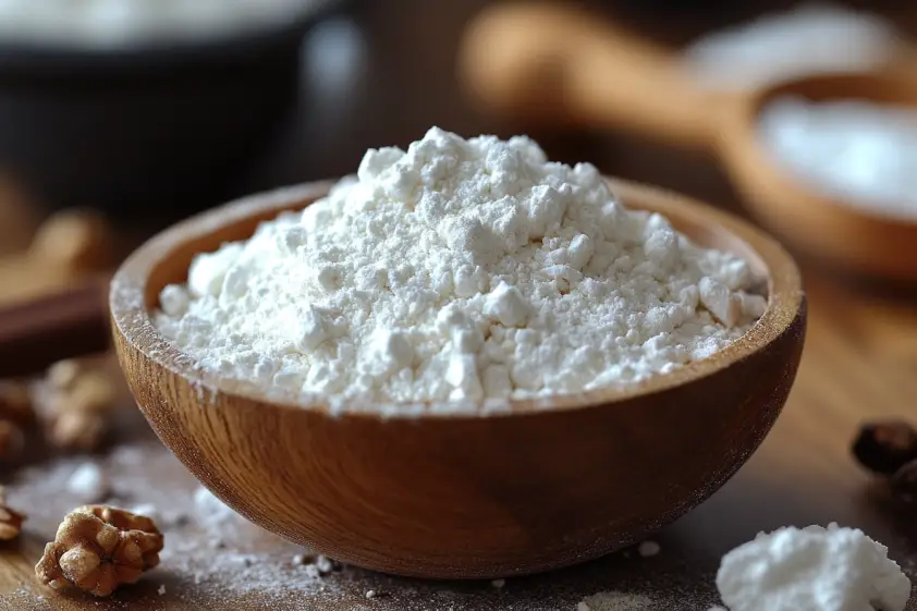 Wooden bowl filled with white flour surrounded by baking ingredients on a kitchen table