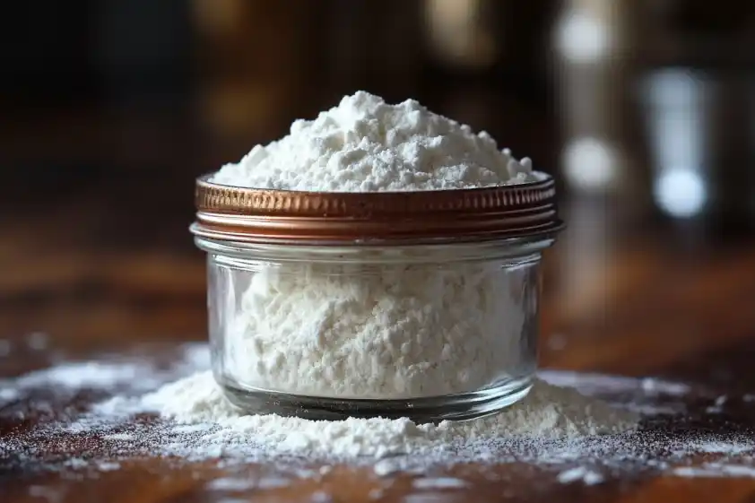 A jar filled with white baking powder placed on a flour-dusted wooden surface