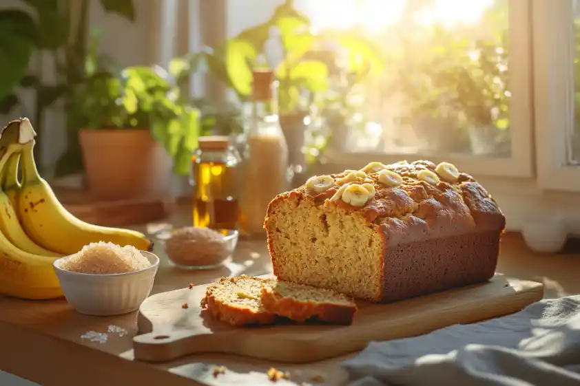Banana bread made with brown sugar substitute, freshly sliced on a wooden cutting board.